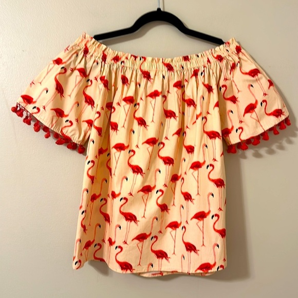 Jade Womens Cream & Red Flamingo Cotton Top Fringe Trim Sz Small Preppy Coastal - Picture 2 of 8